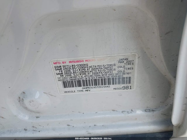 Aukcja sprzedaży 2007 Mitsubishi Outlander Es/ls, vin: JA4MS31X57Z015442, numer aukcji: 45324408
