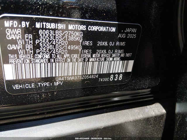 45324409 :رقم المزاد ، JA4T5WA97SZ054824 vin ، 2025 Mitsubishi Outlander Phev Sel Black Edition S-awc/sel Platinum Edition S-awc/sel S-awc مزاد بيع