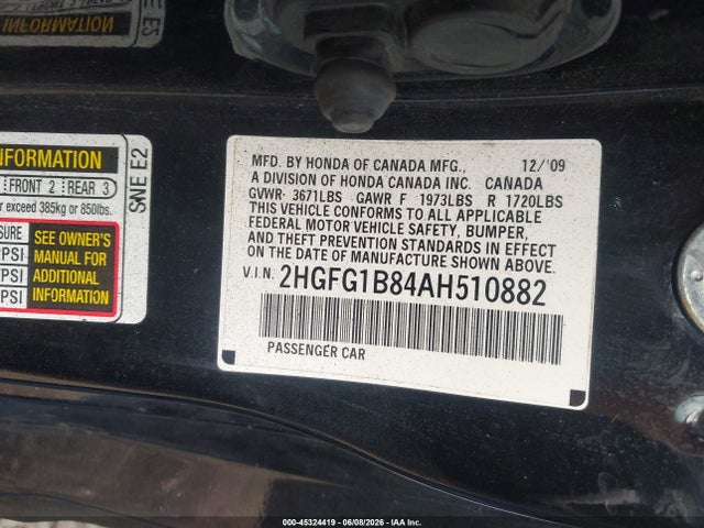 2010 Honda Civic Ex მანქანა იყიდება აუქციონზე, vin: 2HGFG1B84AH510882, აუქციონის ნომერი: 45324419