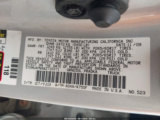 2010 Toyota Tacoma Base V6 მანქანა იყიდება აუქციონზე, vin: 5TEMU4FN9AZ710371, აუქციონის ნომერი: 45324435