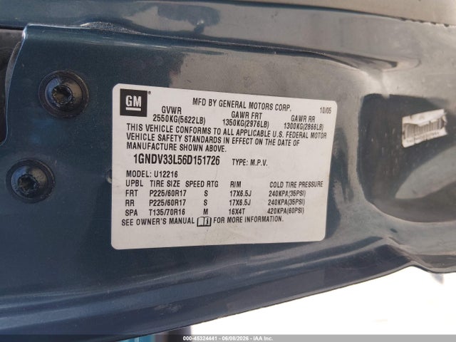 Продажа на аукционе авто 2006 Chevrolet Uplander Lt W/3lt, vin: 1GNDV33L56D151726, номер лота: 45324441