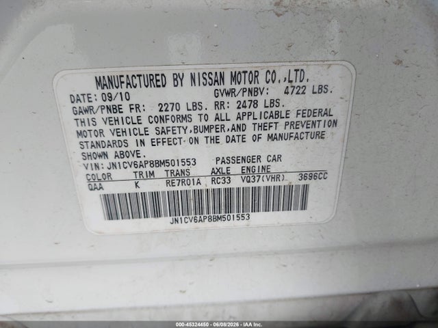 Продажа на аукционе авто 2011 Infiniti G37 Journey, vin: JN1CV6AP8BM501553, номер лота: 45324450