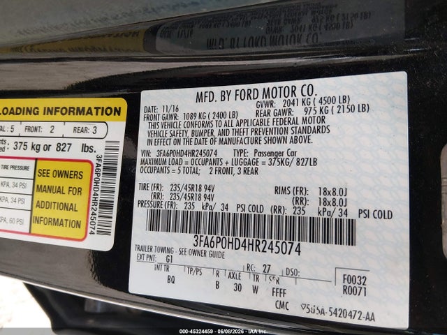 Aukcja sprzedaży 2017 Ford Fusion Se, vin: 3FA6P0HD4HR245074, numer aukcji: 45324459
