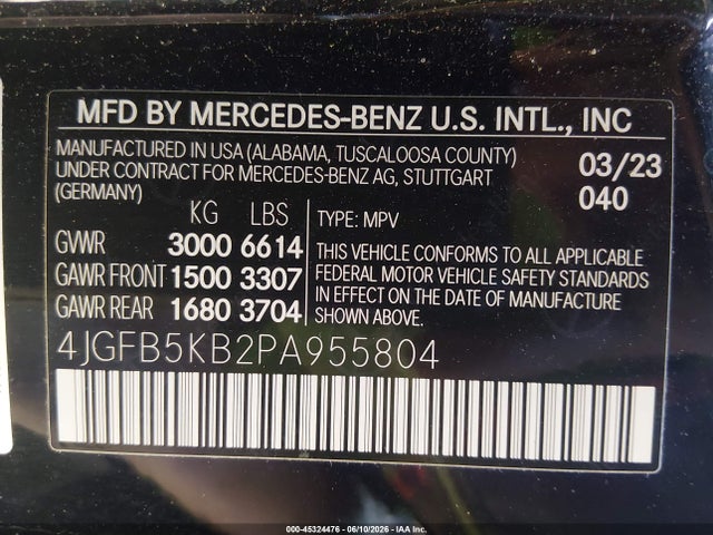 45324476 :رقم المزاد ، 4JGFB5KB2PA955804 vin ، 2023 Mercedes-benz Gle 450 4matic مزاد بيع