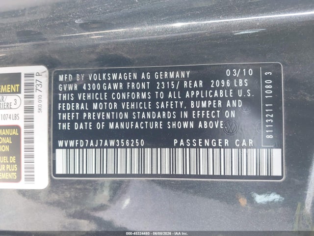 Aukcja sprzedaży 2010 Volkswagen Gti 2-door, vin: WVWFD7AJ7AW356250, numer aukcji: 45324480