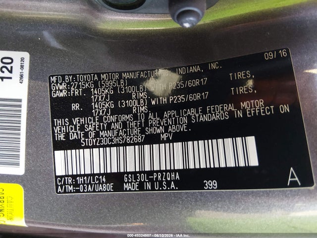 5TDYZ3DC3HS782687 Toyota Sienna Xle 8 Passenger