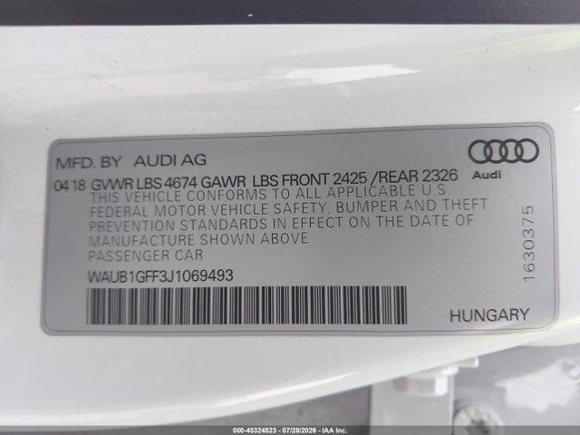 45324523 :رقم المزاد ، WAUB1GFF3J1069493 vin ، 2018 Audi S3 2.0t Premium Plus/2.0t Tech Premium Plus مزاد بيع