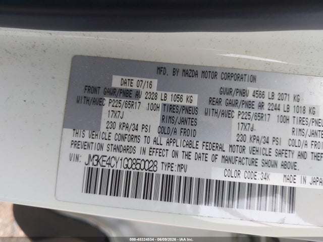 Aukcja sprzedaży 2016 Mazda Cx-5 Touring, vin: JM3KE4CY1G0850028, numer aukcji: 45324534