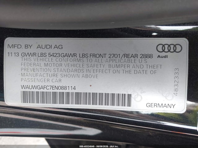 Aukcja sprzedaży 2014 Audi A7 3.0t Premium Plus, vin: WAUWGAFC7EN088114, numer aukcji: 45324549