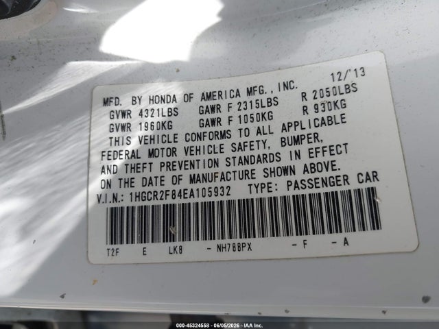 45324558 :رقم المزاد ، 1HGCR2F84EA105932 vin ، 2014 Honda Accord Ex-l مزاد بيع