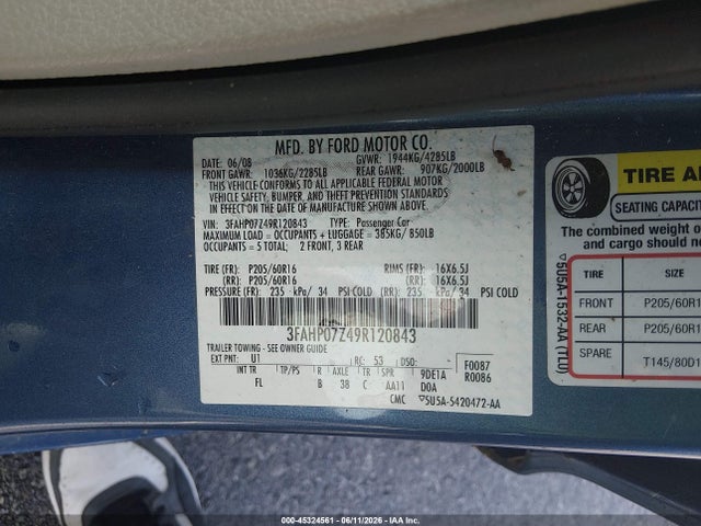 Aukcja sprzedaży 2009 Ford Fusion Se, vin: 3FAHP07Z49R120843, numer aukcji: 45324561