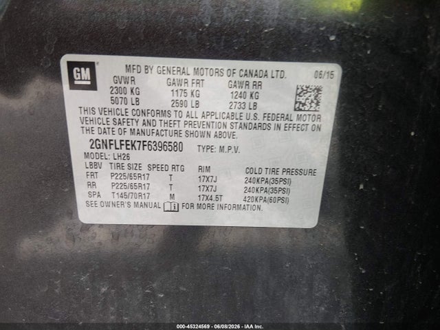 Продаж на аукціоні авто 2015 Chevrolet Equinox 1lt, vin: 2GNFLFEK7F6396580, номер лоту: 45324569