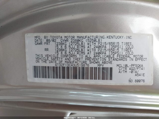 Продажа на аукционе авто 2003 Toyota Sienna Le, vin: 4T3ZF13C43U519876, номер лота: 45324571