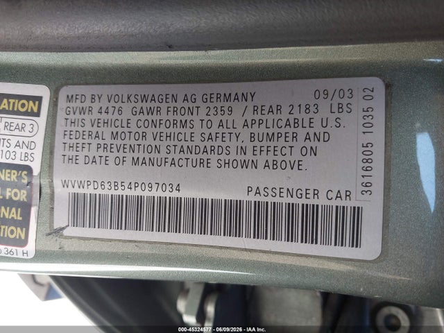 2004 Volkswagen Passat Gls მანქანა იყიდება აუქციონზე, vin: WVWPD63B54P097034, აუქციონის ნომერი: 45324577
