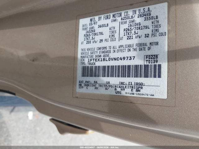 1997 Ford F-150 Lariat/xl/xlt მანქანა იყიდება აუქციონზე, vin: 1FTEX18L0VNC49737, აუქციონის ნომერი: 45324587