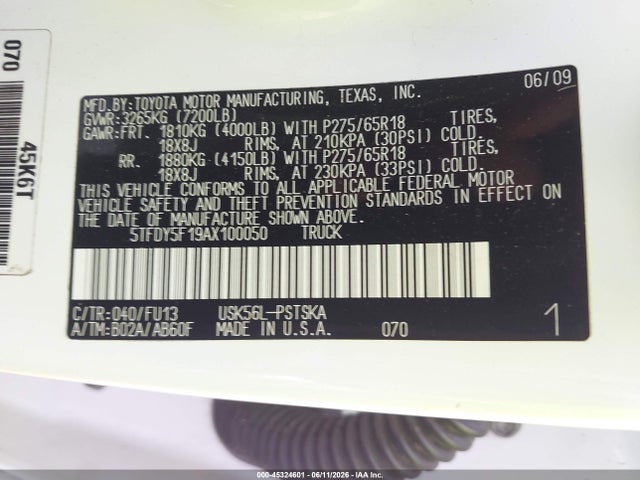 Продаж на аукціоні авто 2010 Toyota Tundra Grade 5.7l V8, vin: 5TFDY5F19AX100050, номер лоту: 45324601