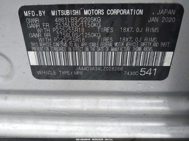 45324614 :رقم المزاد ، JA4AD3A34LZ028266 vin ، 2020 Mitsubishi Outlander Sel 2.4 مزاد بيع