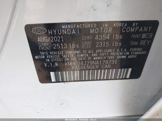 45324616 :رقم المزاد ، KMHL34J29NA179731 vin ، 2022 Hyundai Sonata Limited مزاد بيع