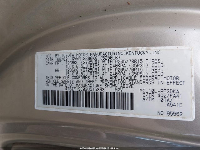 45324632 :رقم المزاد ، 4T3ZF19C03U515363 vin ، 2003 Toyota Sienna Ce مزاد بيع