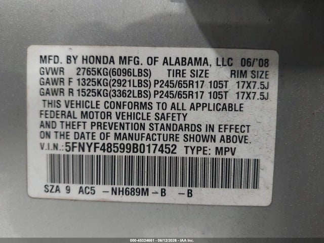 Aukcja sprzedaży 2009 Honda Pilot Ex-l, vin: 5FNYF48599B017452, numer aukcji: 45324661