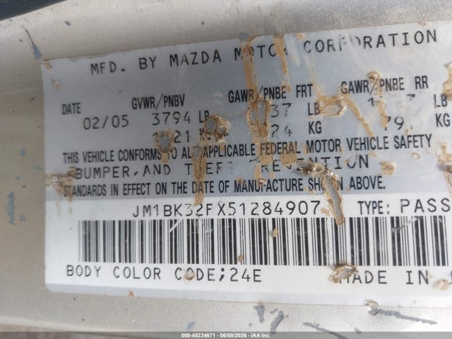 45324671 :رقم المزاد ، JM1BK32FX51284907 vin ، 2005 Mazda Mazda3 I مزاد بيع