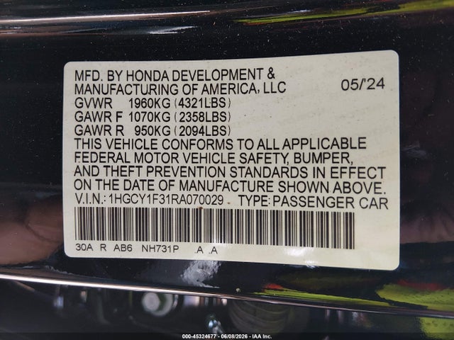 2024 Honda Accord Ex მანქანა იყიდება აუქციონზე, vin: 1HGCY1F31RA070029, აუქციონის ნომერი: 45324677