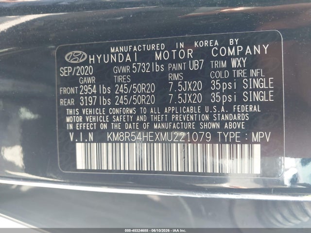 45324688 :رقم المزاد ، KM8R54HEXMU221079 vin ، 2021 Hyundai Palisade Limited مزاد بيع
