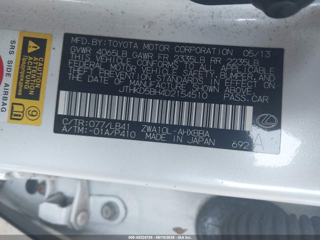 Aukcja sprzedaży 2013 Lexus Ct 200h, vin: JTHKD5BH4D2154510, numer aukcji: 45324705