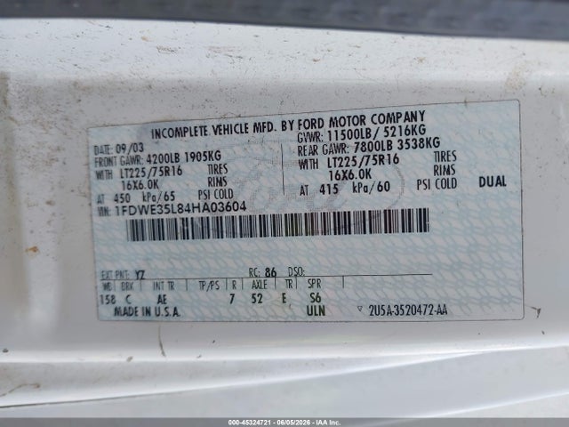 45324721 :رقم المزاد ، 1FDWE35L84HA03604 vin ، 2004 Ford E-350 Cutaway Standard مزاد بيع