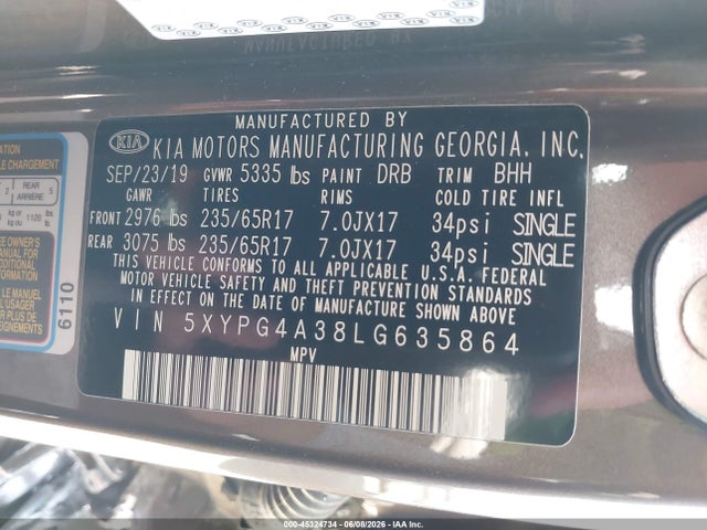 5XYPG4A38LG635864 KIA Sorento 2.4l Lx