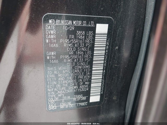 45324752 :رقم المزاد ، JN8AZ2KR1AT153024 vin ، 2010 Nissan Cube 1.8sl مزاد بيع