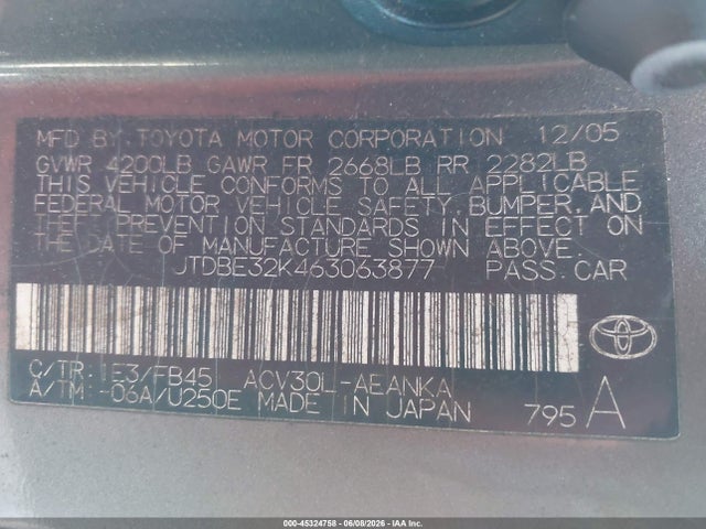 Продажа на аукционе авто 2006 Toyota Camry Le, vin: JTDBE32K463063877, номер лота: 45324758