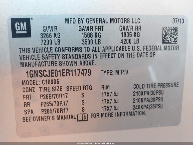 Продажа на аукционе авто 2014 Chevrolet Suburban Lt, vin: 1GNSCJE01ER117479, номер лота: 45324761