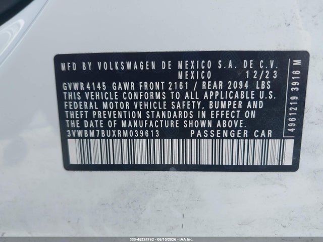 2024 Volkswagen Jetta 1.5t Sport მანქანა იყიდება აუქციონზე, vin: 3VWBM7BUXRM039613, აუქციონის ნომერი: 45324762
