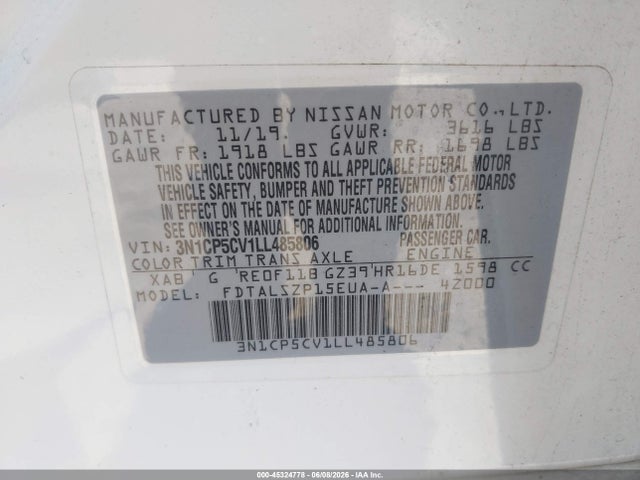 Продаж на аукціоні авто 2020 Nissan Kicks Sv Xtronic Cvt, vin: 3N1CP5CV1LL485806, номер лоту: 45324778