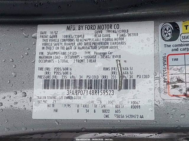 45324788 :رقم المزاد ، 3FAHP07148R159523 vin ، 2008 Ford Fusion Se مزاد بيع