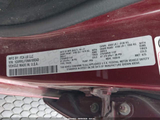 Продаж на аукціоні авто 2022 Ram 1500 Laramie  4x2 5'7 Box, vin: 1C6RREJT0NN169343, номер лоту: 45324802