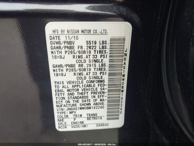 Aukcja sprzedaży 2011 Infiniti Fx35, vin: JN8AS1MW0BM142240, numer aukcji: 45324817