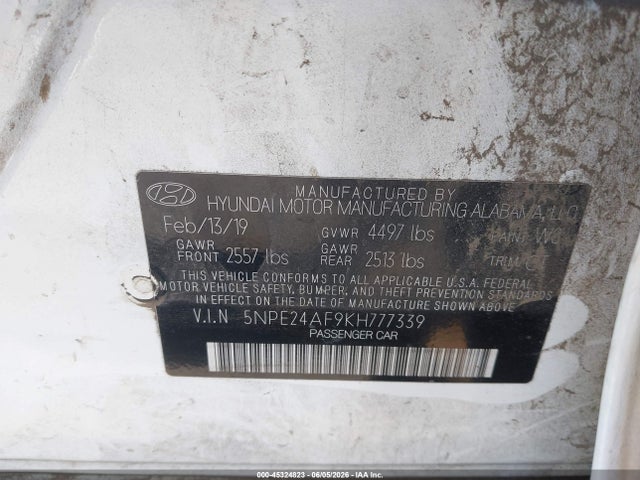 Aukcja sprzedaży 2019 Hyundai Sonata Se, vin: 5NPE24AF9KH777339, numer aukcji: 45324823