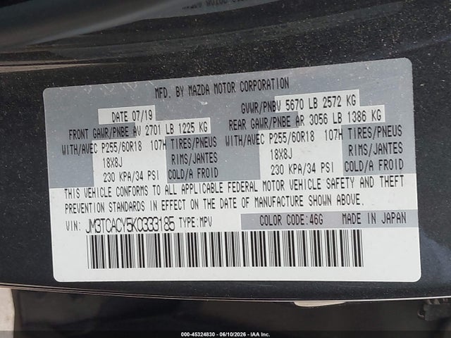 45324830 :رقم المزاد ، JM3TCACY5K0333185 vin ، 2019 Mazda Cx-9 Touring مزاد بيع