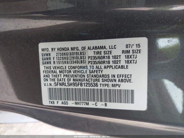 45324834 :رقم المزاد ، 5FNRL5H95FB125536 vin ، 2015 Honda Odyssey Touring/touring Elite مزاد بيع