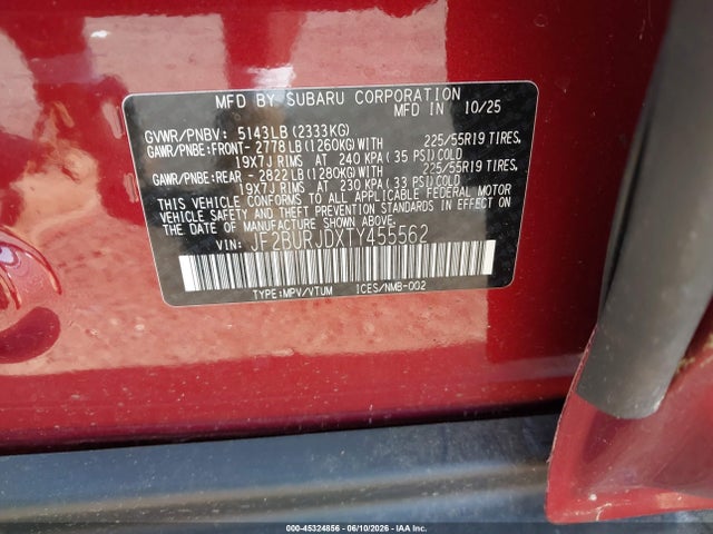Aukcja sprzedaży 2026 Subaru Outback Touring Xt, vin: JF2BURJDXTY455562, numer aukcji: 45324856