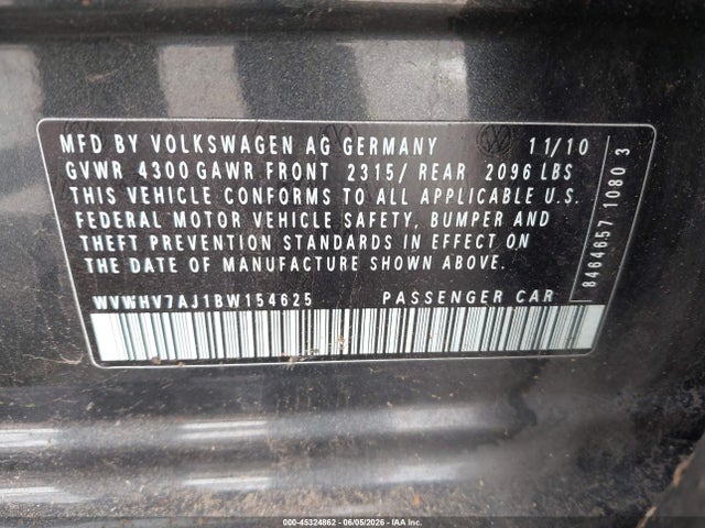 45324862 :رقم المزاد ، WVWHV7AJ1BW154625 vin ، 2011 Volkswagen Gti 4-door Autobahn مزاد بيع