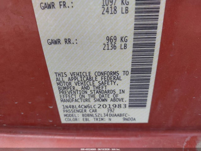 2020 Nissan Altima Sr Intelligent Awd მანქანა იყიდება აუქციონზე, vin: 1N4BL4CW6LC201983, აუქციონის ნომერი: 45324869