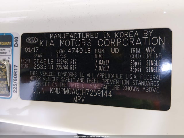 2017 Kia Sportage Lx მანქანა იყიდება აუქციონზე, vin: KNDPMCAC1H7259144, აუქციონის ნომერი: 45324882