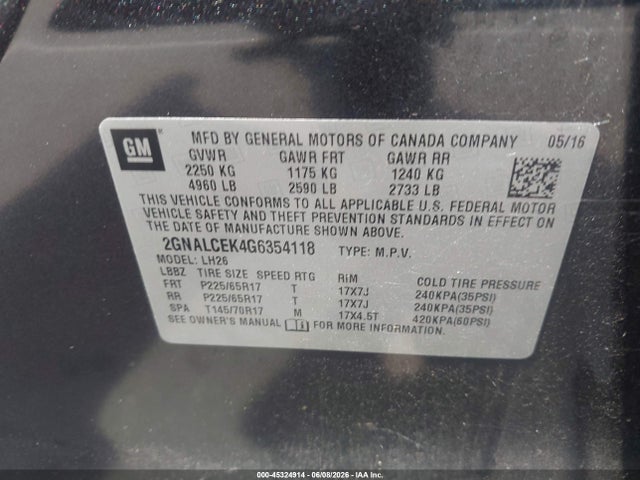 Aukcja sprzedaży 2016 Chevrolet Equinox Lt, vin: 2GNALCEK4G6354118, numer aukcji: 45324914