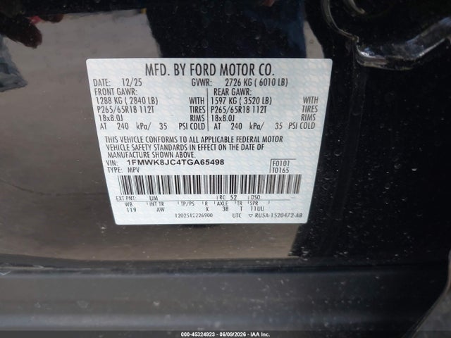 Aukcja sprzedaży 2026 Ford Explorer Tremor, vin: 1FMWK8JC4TGA65498, numer aukcji: 45324923