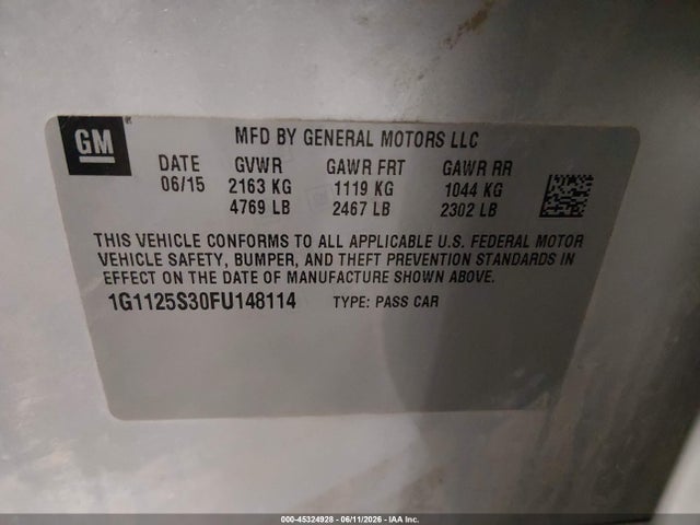 2015 Chevrolet Impala 2lt მანქანა იყიდება აუქციონზე, vin: 1G1125S30FU148114, აუქციონის ნომერი: 45324928