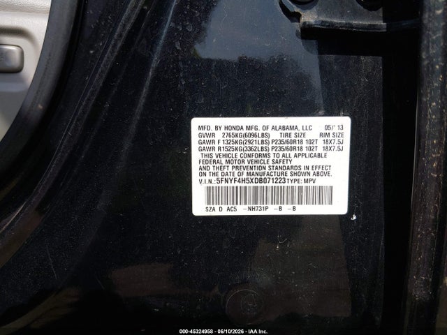 Aukcja sprzedaży 2013 Honda Pilot Ex-l, vin: 5FNYF4H5XDB071223, numer aukcji: 45324958