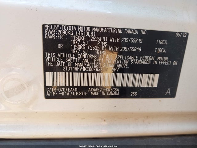 2T3Y1RFV1KC007837 Toyota Rav4 Limited